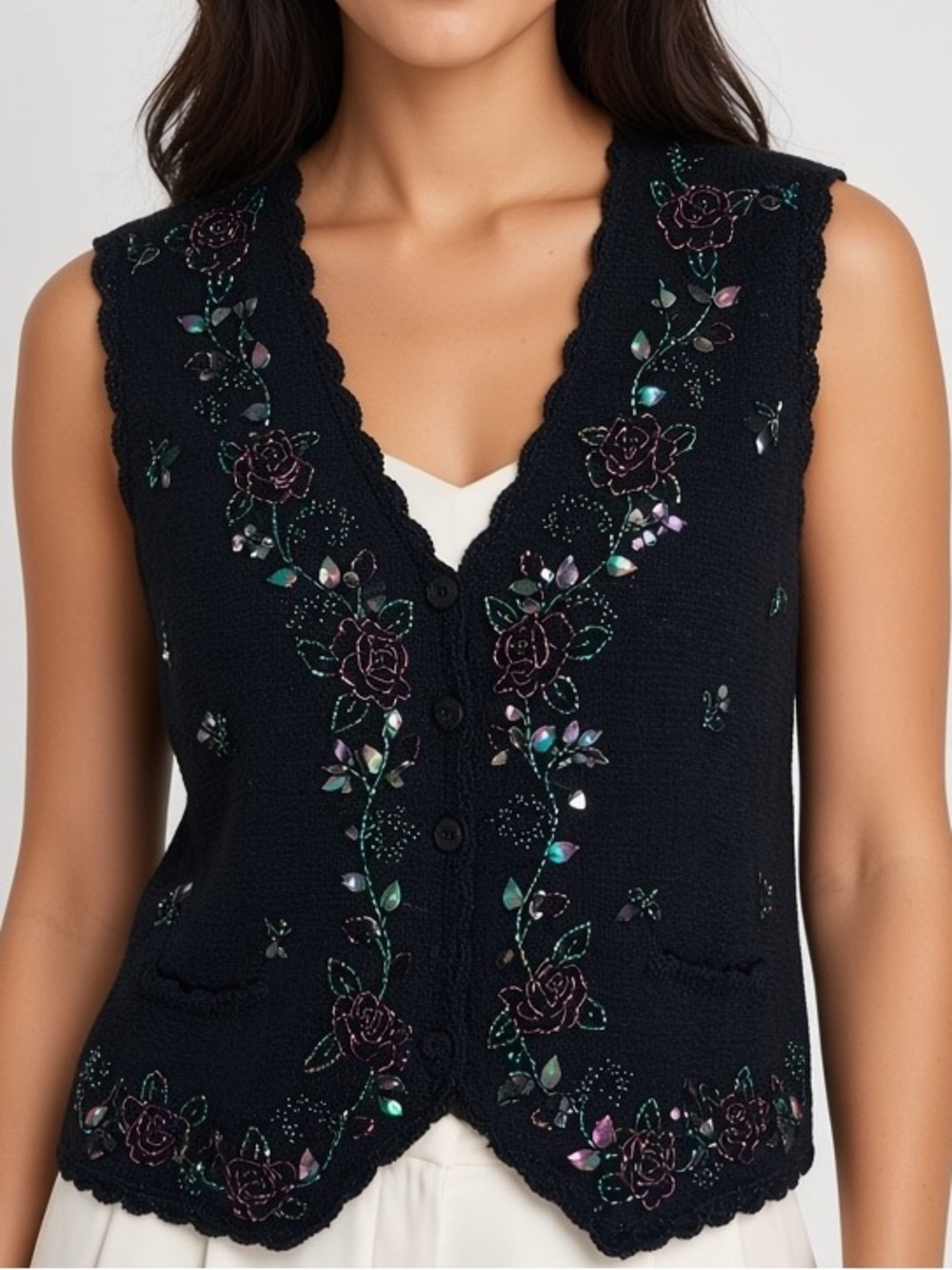 Erika & Co | Vintage sequin knit button front cardigan vest size petite …